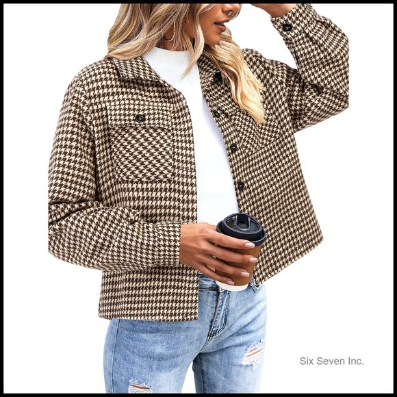 Jackets & Blazers - Cropped Flannel Shacket Jacket Vintage Plaid Button Down Casual Oversized